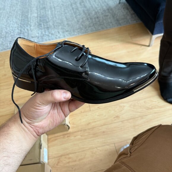 Santimon Men's US 8, 12 Black Patent Leather Lace Up Pointed Toe Oxford Shoes  P - Picture 5 of 10